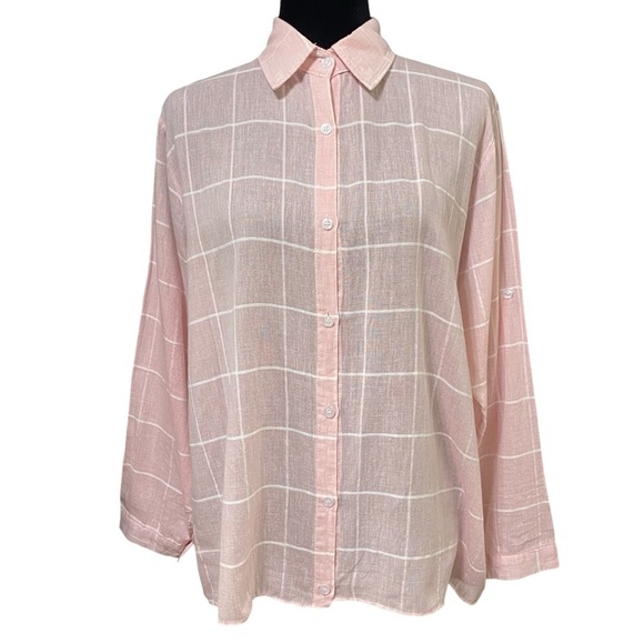 Adora Pink White Striped Sheer Button Shirt Roll Tab Sleeves Medium - Picture 1 of 8